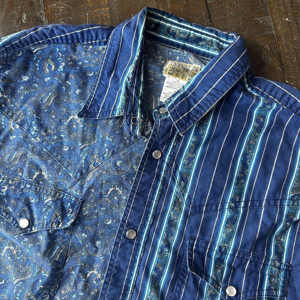 Express Rider Shirt Mens Medium Blue Paisley Stripe Western Pearl Snap Vintage